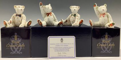 A pair Royal Crown Derby miniature Teddy Bear, James and Emma, Royal Doulton exclusive, certificate,