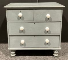 A Victorian painted pine chest, of two short and two long drawers, turned feet, 81cm high, 81cm