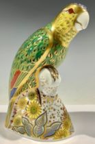 A Royal Crown Derby paperweight, Amazon Green Parrott, limited edition 368/2,500, gold stopper