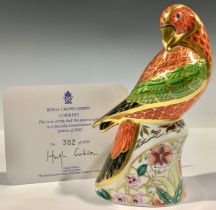 A Royal Crown Derby paperweight, Lorikeet, limited edition 382/2,500, gold stopper, 16cm,