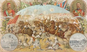 Maple framed, The Battle of Omdurman, Charge 21st Lancers 2/9/98, 54 x 82.5cm