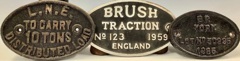 Railwayana - an L.N.E. cast iron oval wagon plate; another, BR York, 1985; a cast aluminium wagon