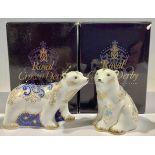 A Royal Crown Derby paperweight, Polar Bear Cub Standing, gold stopper, boxed; another, Polar Bear