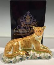 A Royal Crown Derby paperweight, Lioness, gold stopper, printed mark, boxed