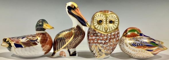 A Royal Crown Derby paperweight, Barn Owl, silver stopper; others, Pelican, silver stopper; Teal,