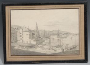 Peter Bouvier (19th century) Busy Harbour signed, pencil drawing, 21.5cm x 31.5cm