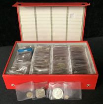 UK and Foreign coins – A red slide box containing an accumulation of mainly base metal UK and