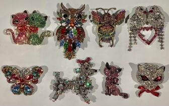 Butler & Wilson - fashion jewellery, a brooch set with glass stones, Owl, 7.5cm, marked; others,