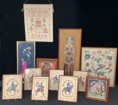 A set of six needlework panels, The Canterbury Tales; a needlework alphabet sampler; a collection of