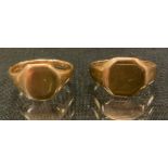 A 9ct gold signet ring 3.2g; another unmarked yellow metal 3.9g