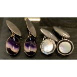 A pair of blue john silver oval panel cufflinks, another pair mother of pearl (2)