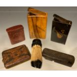A rectangular olive wood box; a rectangular painted green vesta; another as an animal's hoof; etc (