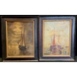 H Brown, (early 20th century) a pair, Sails at Rest & Twilight, signed, oils on canvas, 38cm x