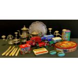 A four piece silver plated tea set, salver, candlesticks, novelty tins etc