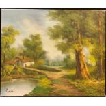 Bruni, Continental school, A Woodland cottage, signed, oil on canvas, 51cm x 61cm.