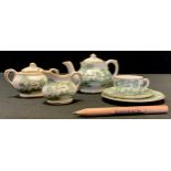 A Coalport Miniature Green Willow pattern bachelor tea set, comprising teapot, sugar bowl, milk jug,