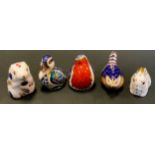 Royal Crown Derby paperweights - Robin, Duckling, Dormouse, Rabbit, and Wren, all with gold stoppers