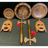 A pair of Valaska wall axes, German treen bowls and tribal masks