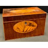 A George III walnut veneered tea caddy, inlaid with shell-patera to top and front, boxwood stringing