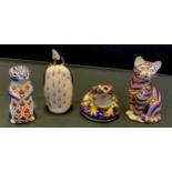 Royal Crown Derby paperweights - seated cat, penguin, frog, chipmunk, all gold stoppers (4)