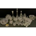 Glass - A quantity of cut glass including; set of six whiskey glasses, bottle decanters, globular
