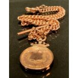 A 9ct rose gold double Albert chain necklace, T-bar, suspension medal, 37cm long, 18.4g gross