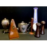 Boxes and Objects - A pair of turned oak candlesticks; a four egg holder on stand; Metronome; copper