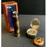 A modern Nautical marine compass, another; telescope, cased (3)