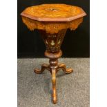 A Victorian inlaid burr walnut work table sewing box, octagonal shaped top, fitted interior,