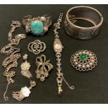 Jewellery - An Aesthetic Movement silver coloured metal hinge bangle; bangle, earrings, marcasite