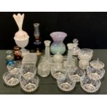 Glass - Vasart type glass vase in tones of subdued greens, blues and purples; dressing table set,