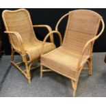 A cane and wicker hoop-back conservatory armchair, x-frame stretcher, 86cm high x 61cm wide; another