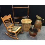 An early 20th century large copper and brass pitcher / ewer, planished copper body, riveted brass