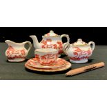 A Coalport Miniature Red Willow pattern bachelor tea set, comprising teapot, sugar bowl, milk jug,