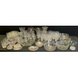 glassware, a large collection of cut and pressed glass. vases, wine glasses, bowls, rose bowl,