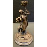 A contemporary bronze figural candle stick, lily pad base, signed Milo, marble plinth, 33.5cm, high