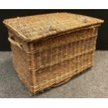 A large metal bound wicker hamper basket, carrying handles to sides, 48cm high x 69cm x 50cm.