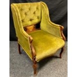 An Edwardian walnut wing-back salon chair, button back, sprung seat, boxwood stringing, Ivorine