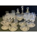 Glassware - A set of four cut wine glasses, set of six pressed desert dishes; bottle decanters; etc