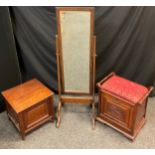 A Victorian walnut piano seat, tilting door to front with sheet music rack, carved door panel,