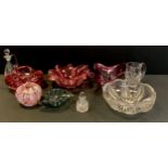 Glass - a Murano pink bubble glass leaf dish; tri-form bowl; others; pressed glass bowl etc