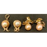 A pair of 9ct gold mounted culture pearl earrings, stamped 9ct, others diamond and pearl ribbon