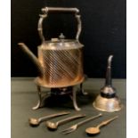 A Victorian silver plated spirit kettle on stand, embossed body with slanted strips, ebony handle,