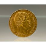 A 20 Franc gold coin, Leopold I, 1865, 6.4g.