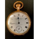 A Waltham gold plated open face pocket watch, white enamel dial, bold Roman numerals, stem wind