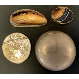 A 19th century shell snuff box, white metal mounts; others banded agate, Blackpool Tower etc (4)