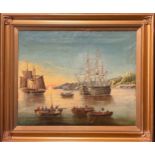 J Green (English School, mid-19th century) Sun Set, Guard Ships signed and titled to verso on a