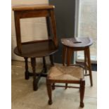 A small mid century oak table, eightieth century style rush seat stool, with others