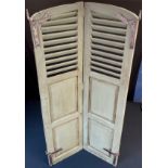 Architectural salvage - a vintage French oak concertina door shutter, painted green, arch-top, 191cm