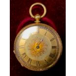 An 18ct gold cased open face pocket watch, floral dial, Roman numerals, key wind movement, base